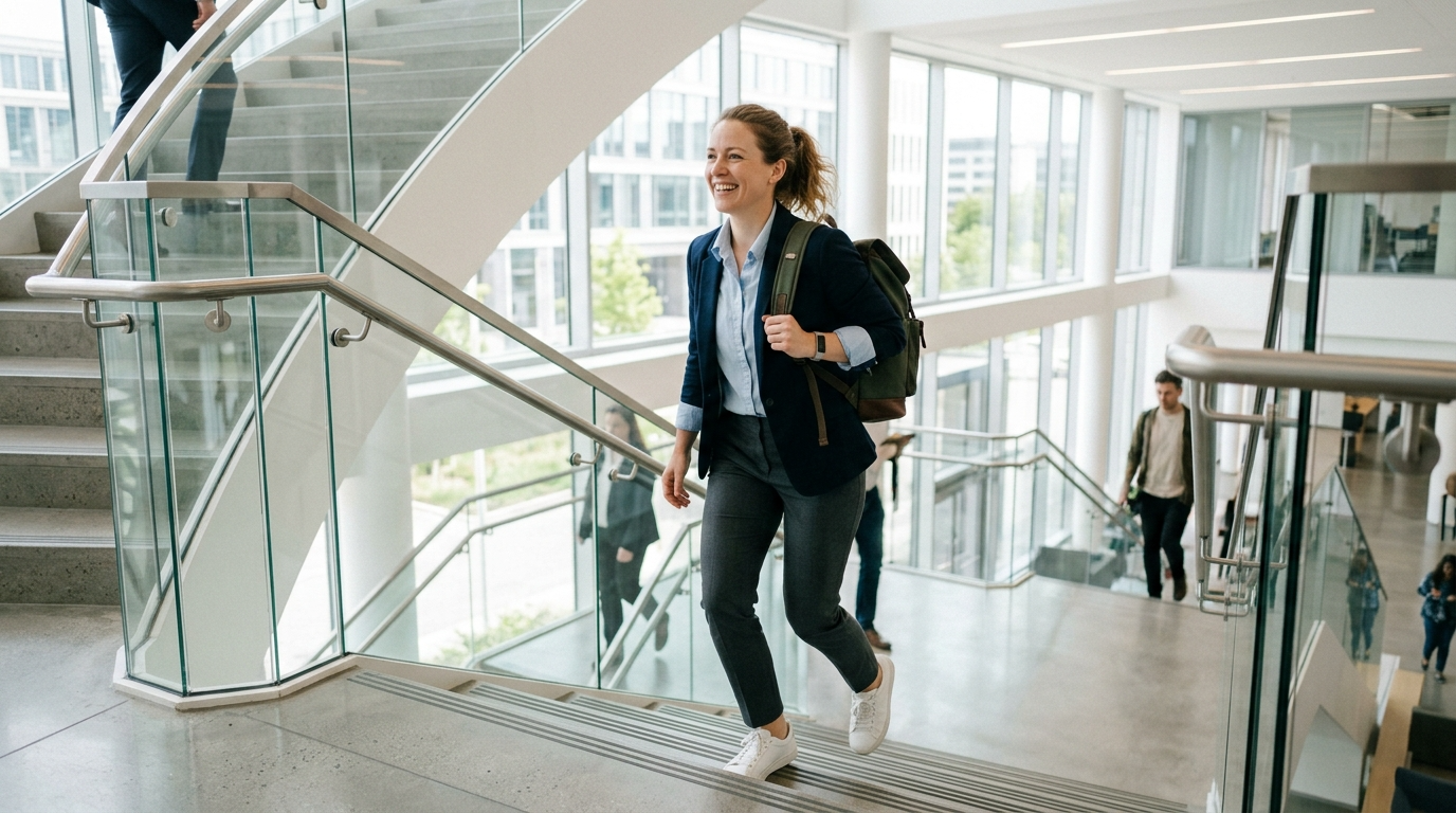 Person steigt energisch Treppen in einem modernen Gebäude, lächelnd, aktiver Alltag
